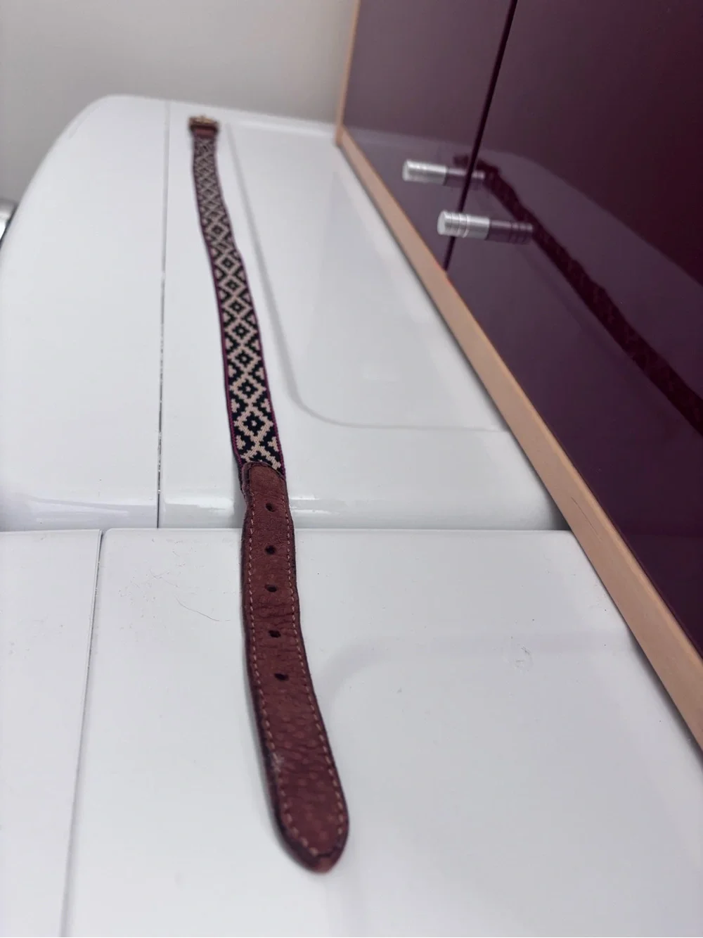 Argentine Arandu Woven Geometric Pattern Brown Leather Trim Belt size 70 cm